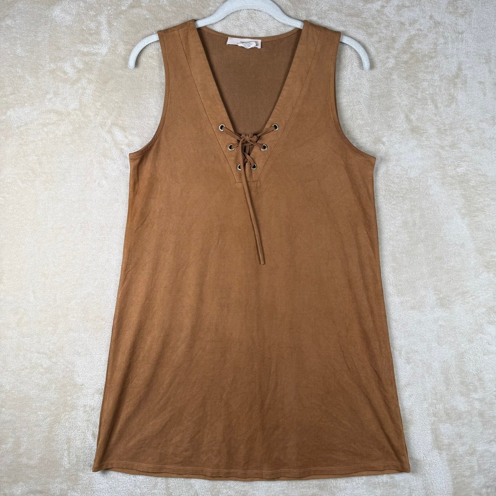 Sans Souci Womens Brown Faux Suede Lace Up V-Neck Shift Dress D1796 Size M
